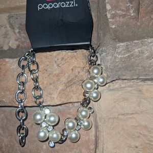 Paparazzi Silver Bracelet with Pearl and Crystal Clusters